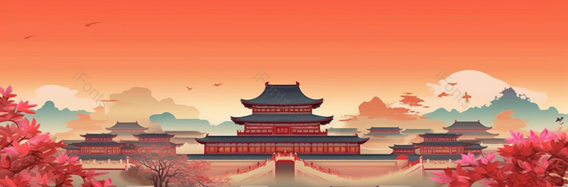 红色渐变大气国潮风插画远处的飞鸟飞过故宫宫殿建筑,插画/手绘图,插画/手绘图库,插画/手绘图下载,插画/手绘